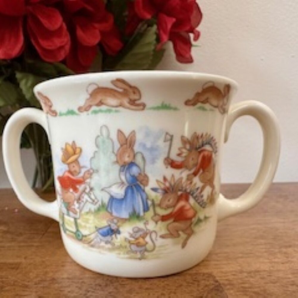 Royal Doulton Bunnykins Two Handle Child Mug Cowboy Horse Toy Vintage Baby Gift